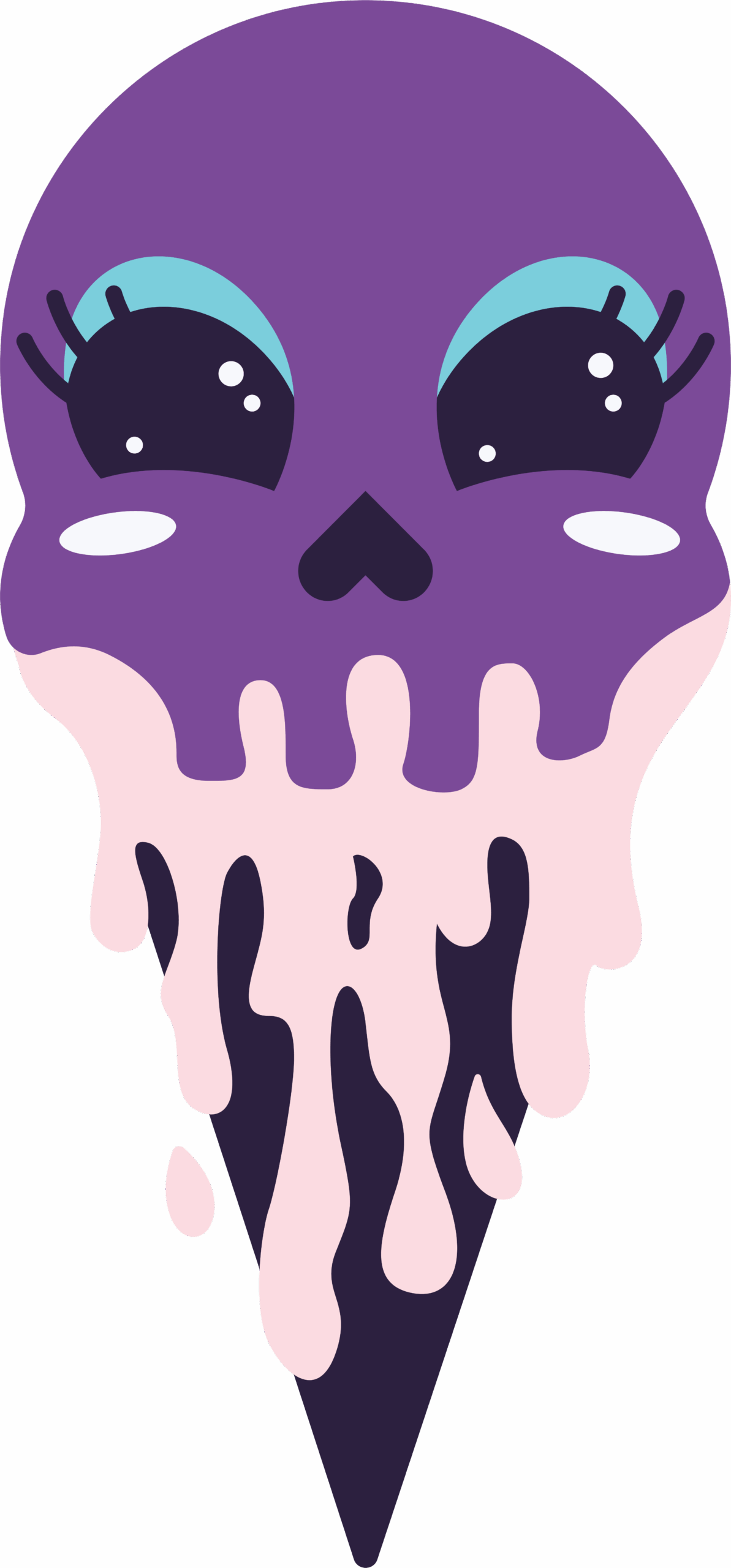 Purple alien skull with big eyes, blue shadow, on to top pink ice cream drips, dark purple cone