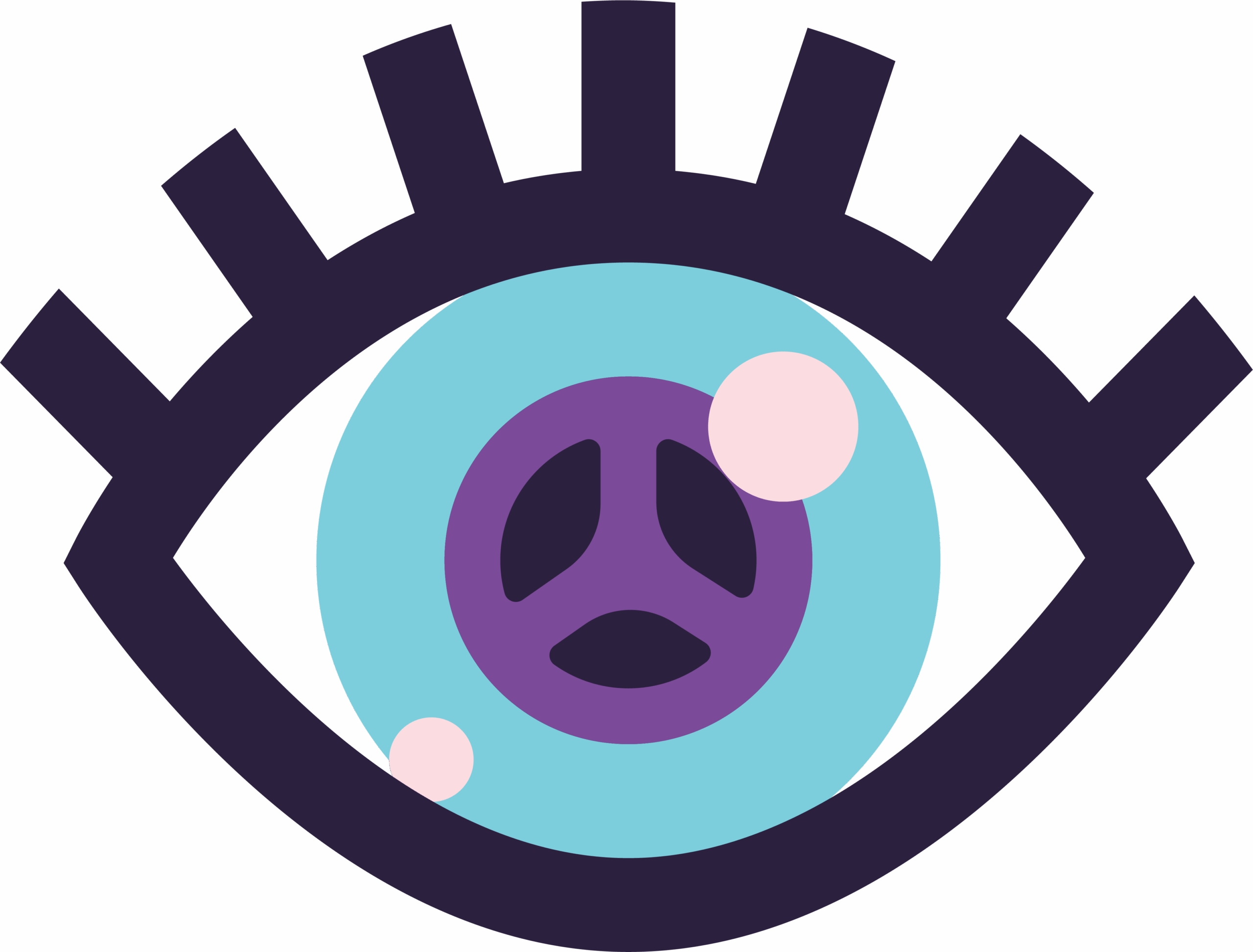 Dark purple with lashes, blue iris, purple rim, pink highlights