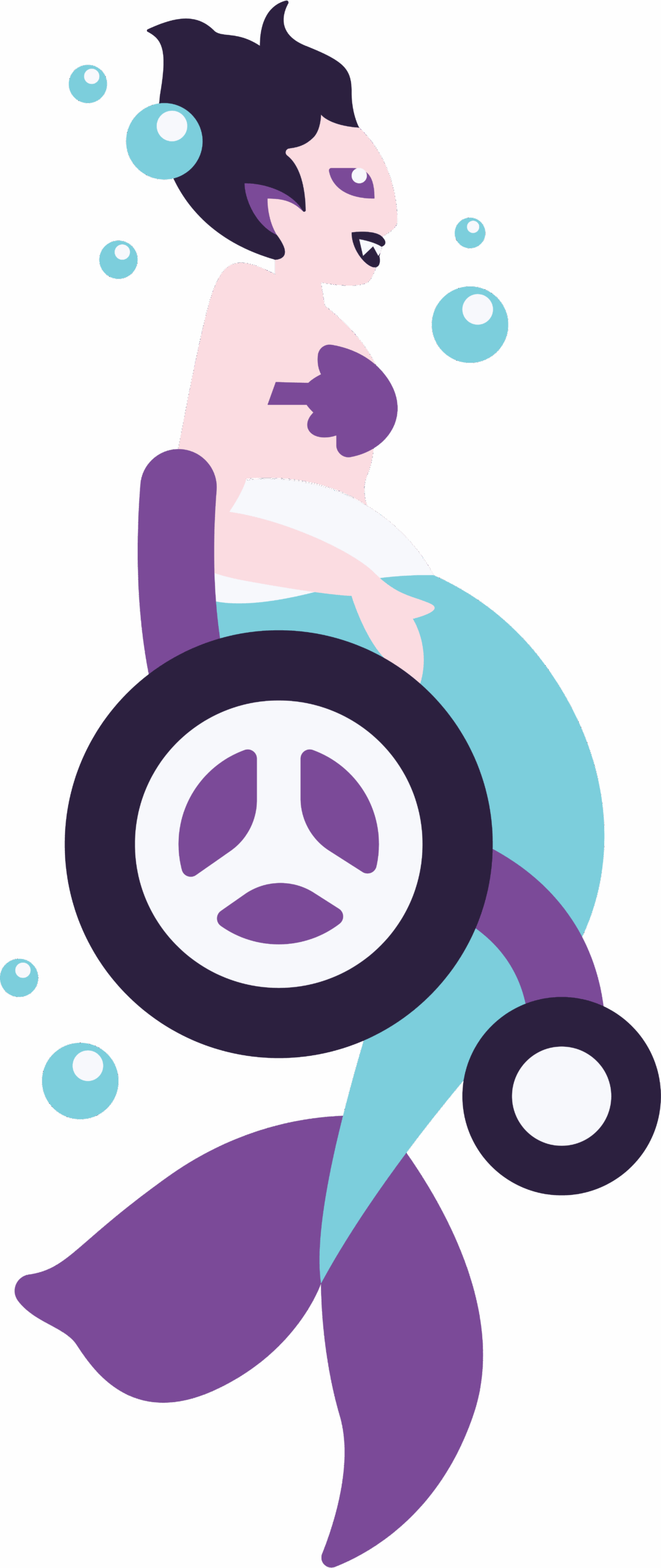 Pink and blue siren in a purple manual chair, dark purple tire, off-white rims, purple tail fin and shells