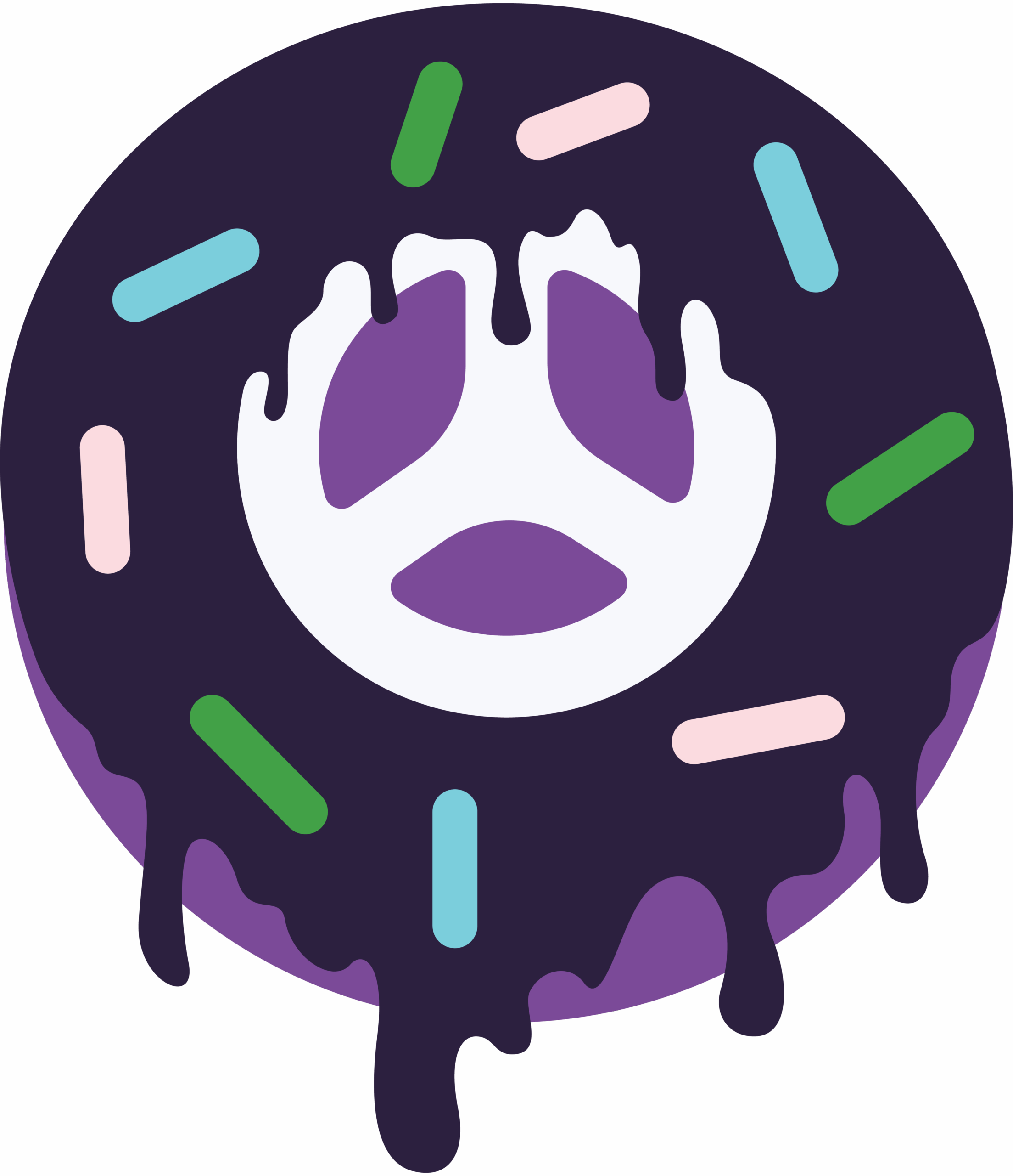 Purple doughnut wheel, off-white rim, dark purple glaze, and sprinkles